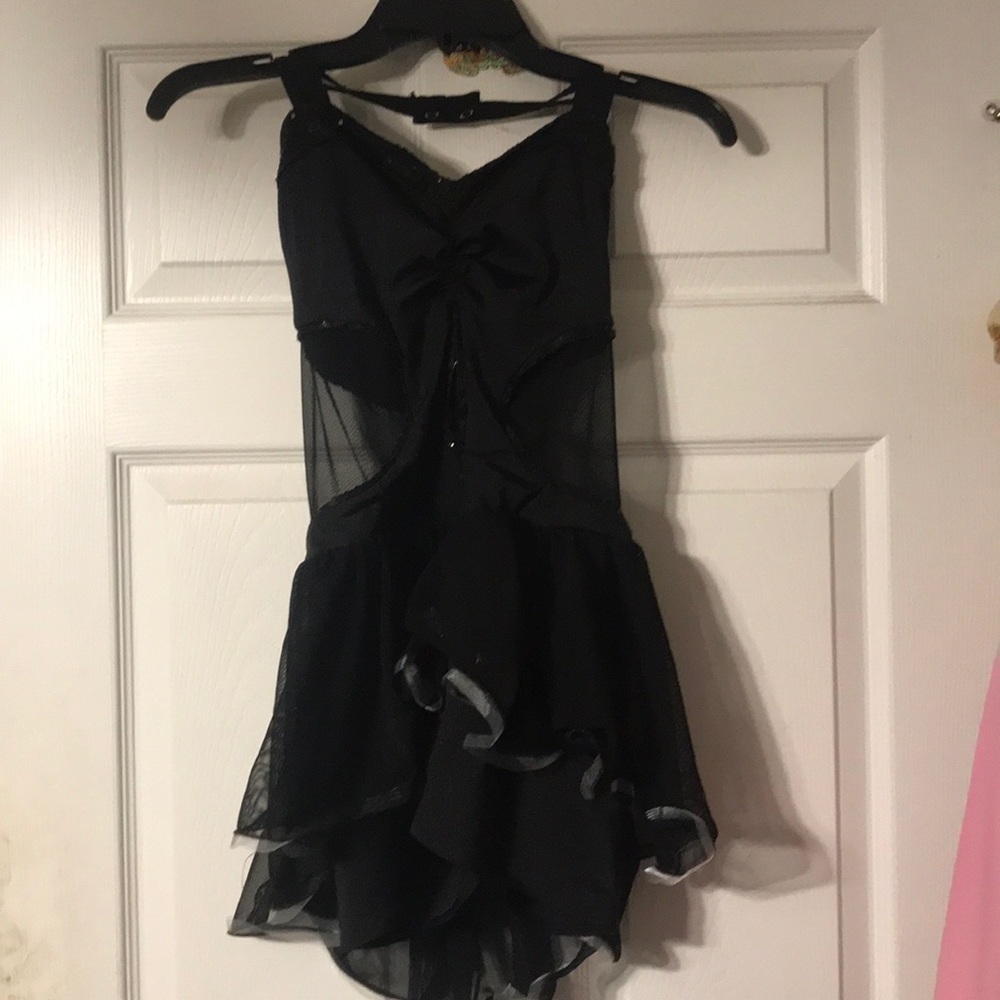 Dancer black sequin once piece with sheer skirt